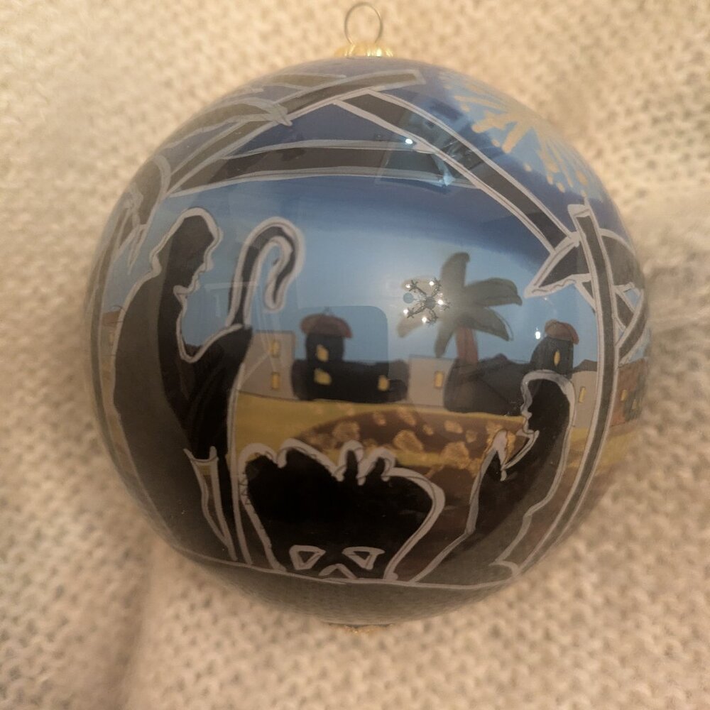 Li Bien Pier 1 "Bethlehem" large Reversed Painted Glass Christmas Ornament 5"
